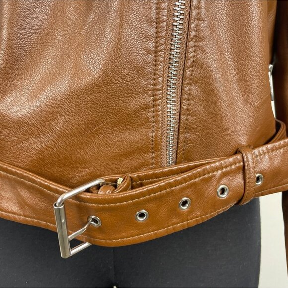 Levi's Brown Faux Leather Biker Jacket With Zipped Pockets & Belted Waist Sz XL - Picture 6 of 13